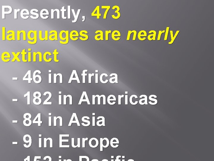 Presently, 473 languages are nearly extinct - 46 in Africa - 182 in Americas