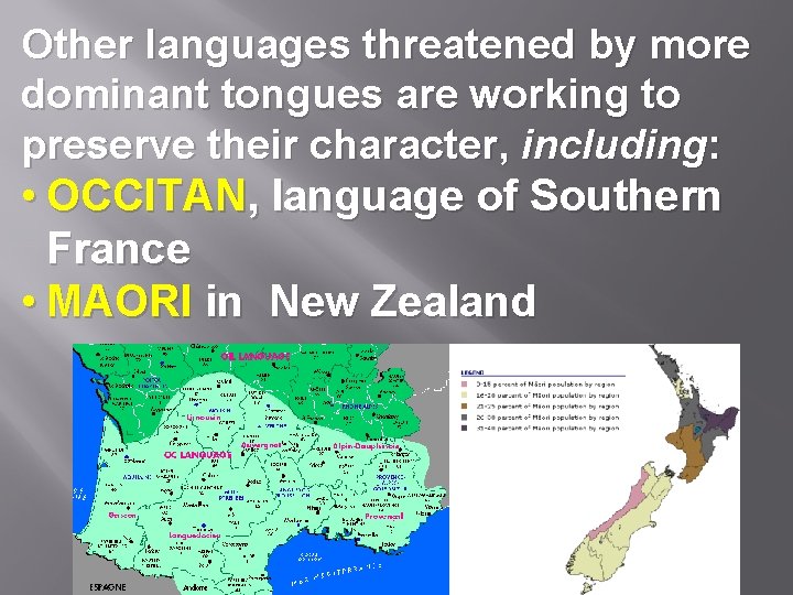 Other languages threatened by more dominant tongues are working to preserve their character, including: