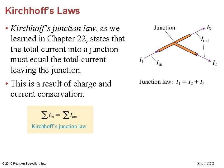 Kirchhoff’s Laws • Kirchhoff’s junction law, as we learned in Chapter 22, states that