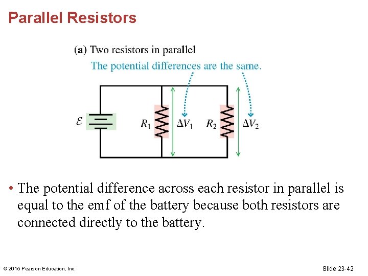 Parallel Resistors • The potential difference across each resistor in parallel is equal to