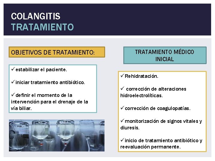 COLANGITIS TRATAMIENTO OBJETIVOS DE TRATAMIENTO: TRATAMIENTO MÉDICO INICIAL üestabilizar el paciente. üRehidratación. üiniciar tratamiento