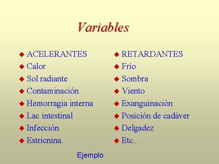 Variables ACELERANTES RETARDANTES Calor Frío Sol Sombra radiante Contaminación Hemorragia interna Lac intestinal Infección