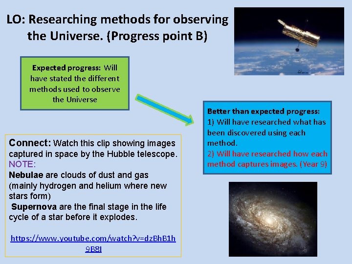 LO: Researching methods for observing the Universe. (Progress point B) Expected progress: Will have