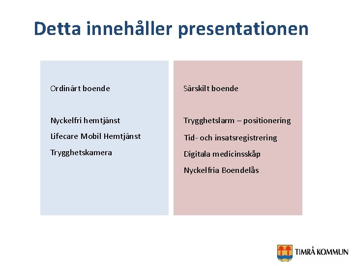 Detta innehåller presentationen Ordinärt boende Särskilt boende Nyckelfri hemtjänst Trygghetslarm – positionering Lifecare Mobil