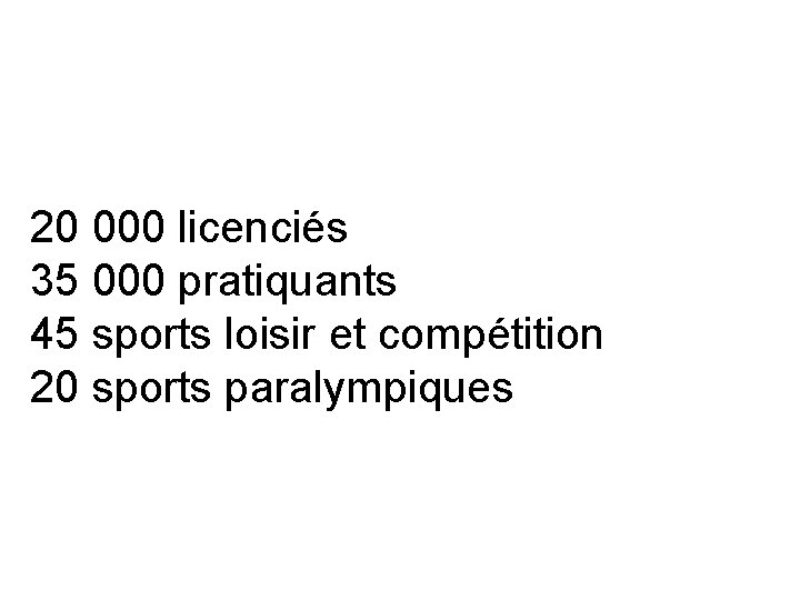 20 000 licenciés 35 000 pratiquants 45 sports loisir et compétition 20 sports paralympiques