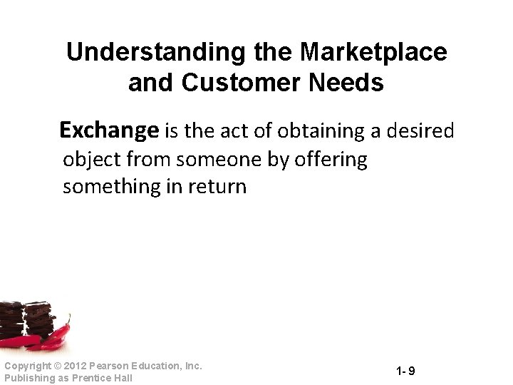 Understanding the Marketplace and Customer Needs Exchange is the act of obtaining a desired