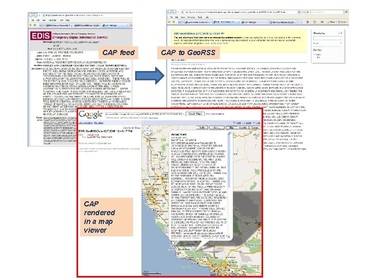 CAP feed CAP rendered in a map viewer CAP to Geo. RSS 