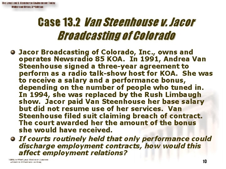 Case 13. 2 Van Steenhouse v. Jacor Broadcasting of Colorado, Inc. , owns and