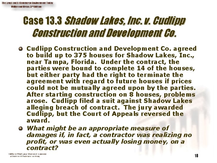 Case 13. 3 Shadow Lakes, Inc. v. Cudlipp Construction and Development Co. agreed to