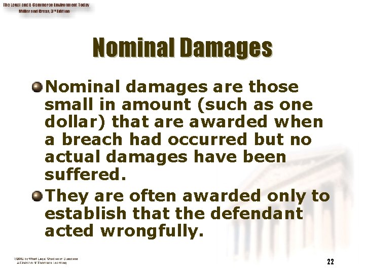Nominal Damages Nominal damages are those small in amount (such as one dollar) that
