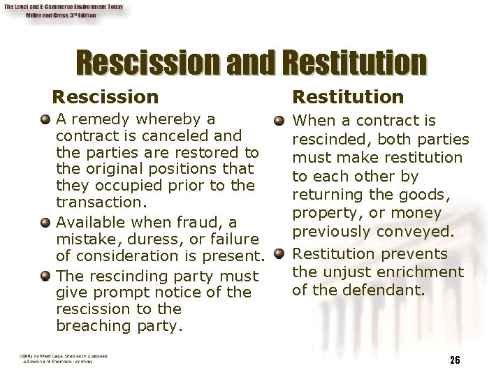 Rescission and Restitution Rescission Restitution A remedy whereby a contract is canceled and the