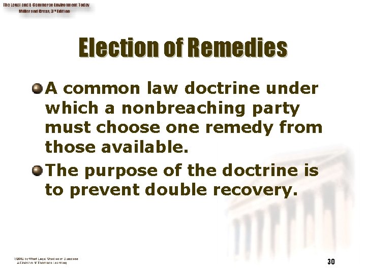 Election of Remedies A common law doctrine under which a nonbreaching party must choose