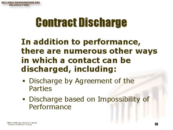 Contract Discharge In addition to performance, there are numerous other ways in which a