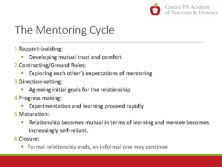 The Mentoring Cycle 1. Rapport-building: § Developing mutual trust and comfort 2. Contracting/Ground Rules: