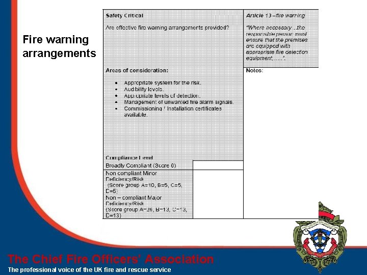 Fire warning arrangements The Chief Fire Officers’ Association The professional voice of the UK