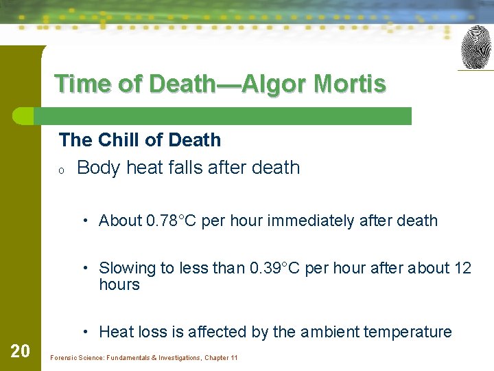 Time of Death—Algor Mortis The Chill of Death o Body heat falls after death