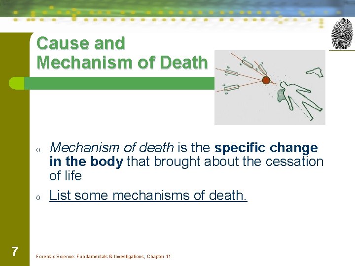 Cause and Mechanism of Death o o 7 Mechanism of death is the specific