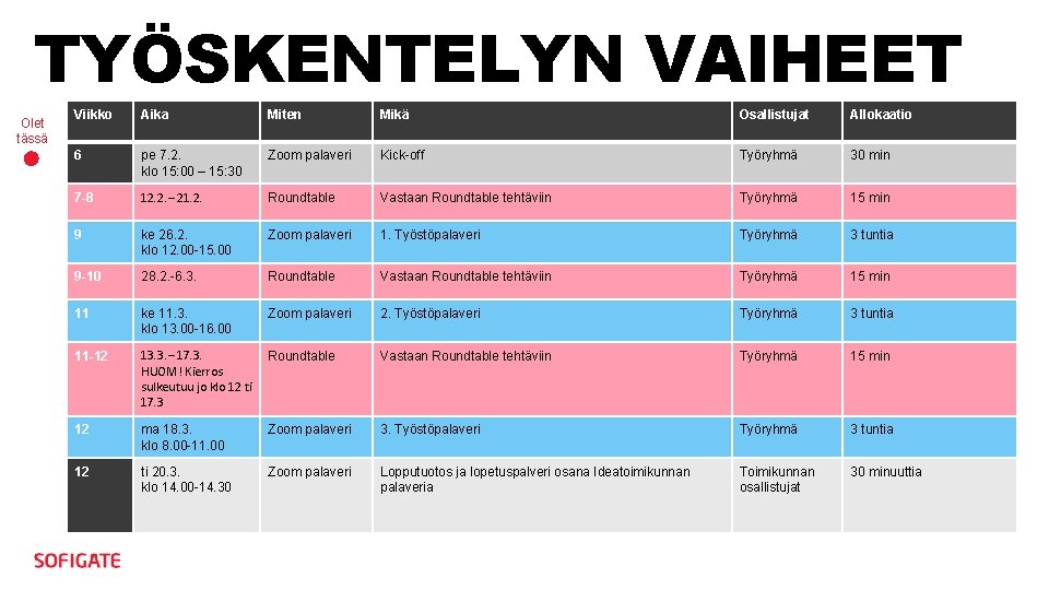 TYÖSKENTELYN VAIHEET Olet tässä Viikko Aika Miten Mikä Osallistujat Allokaatio 6 pe 7. 2.