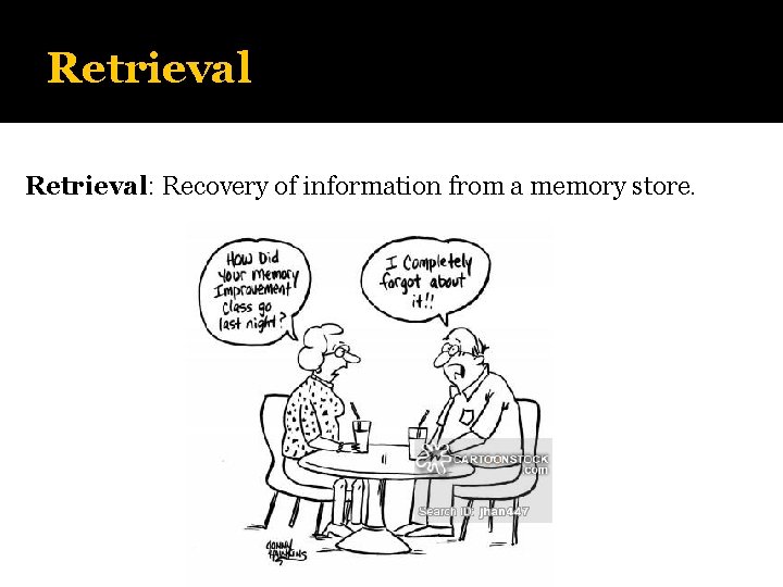 Retrieval: Recovery of information from a memory store. 