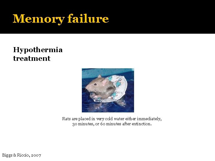 Memory failure Hypothermia treatment Rats are placed in very cold water either immediately, 30