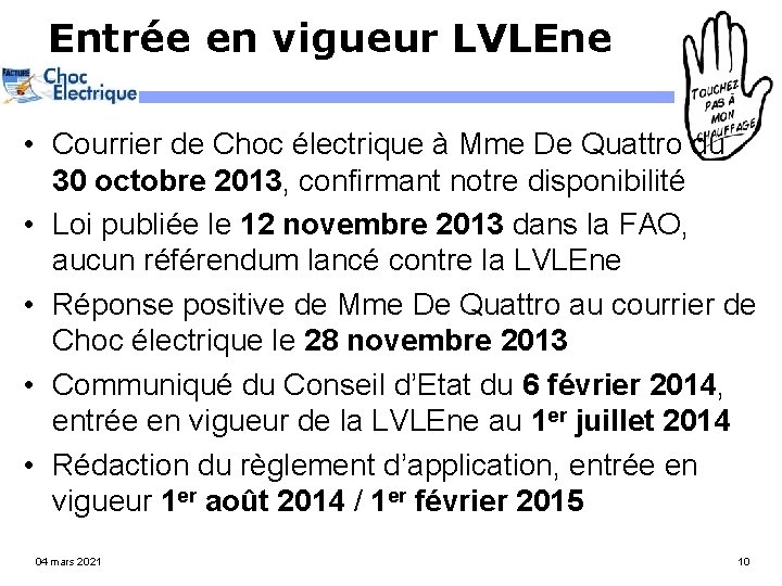 Entrée en vigueur LVLEne • Courrier de Choc électrique à Mme De Quattro du