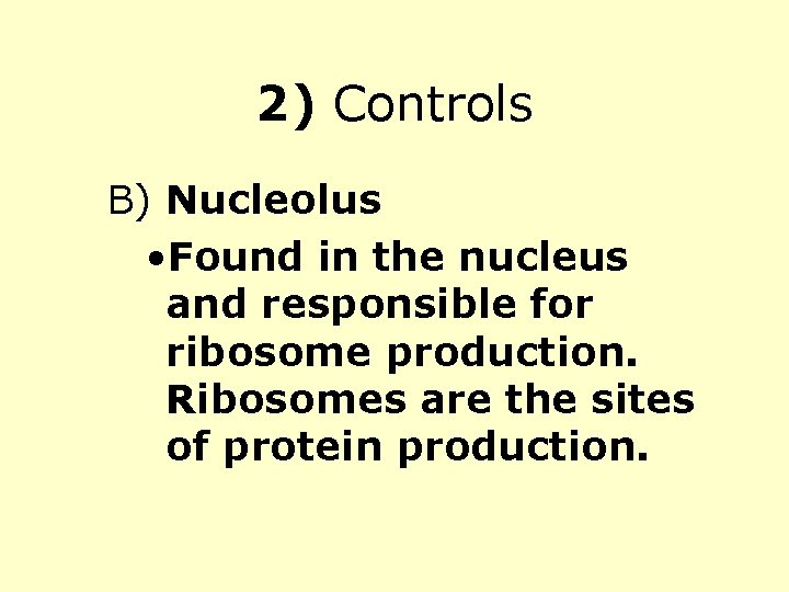 2) Controls B) Nucleolus • Found in the nucleus and responsible for ribosome production.