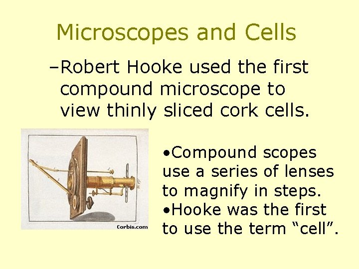 Microscopes and Cells –Robert Hooke used the first compound microscope to view thinly sliced