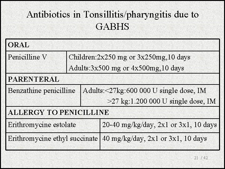 Antibiotics in Tonsillitis/pharyngitis due to GABHS ORAL Penicilline V Children: 2 x 250 mg