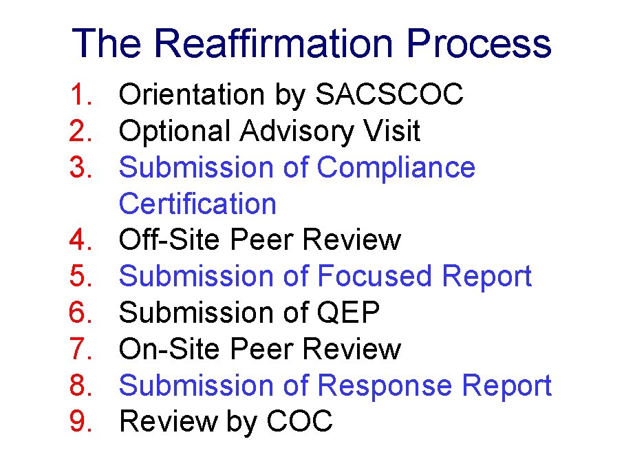 The Reaffirmation Process 1. Orientation by SACSCOC 2. Optional Advisory Visit 3. Submission of