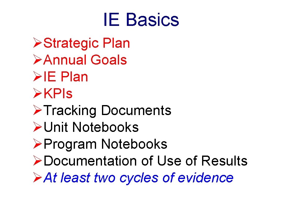 IE Basics ØStrategic Plan ØAnnual Goals ØIE Plan ØKPIs ØTracking Documents ØUnit Notebooks ØProgram