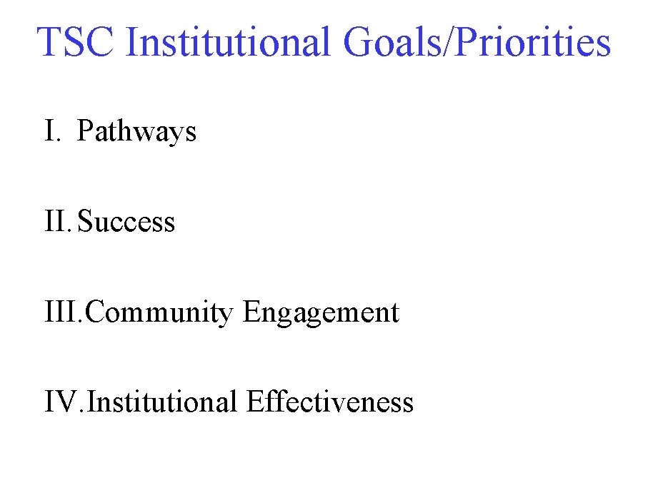 TSC Institutional Goals/Priorities I. Pathways II. Success III. Community Engagement IV. Institutional Effectiveness 