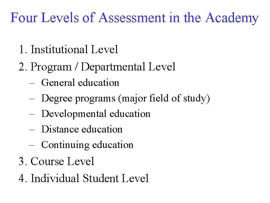 Four Levels of Assessment in the Academy 1. Institutional Level 2. Program / Departmental Four Levels of Assessment in the Academy 1. Institutional Level 2. Program / Departmental