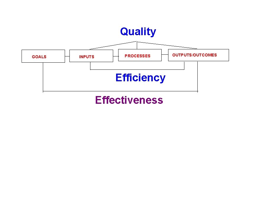 Quality GOALS INPUTS PROCESSES Efficiency Effectiveness OUTPUTS/OUTCOMES 