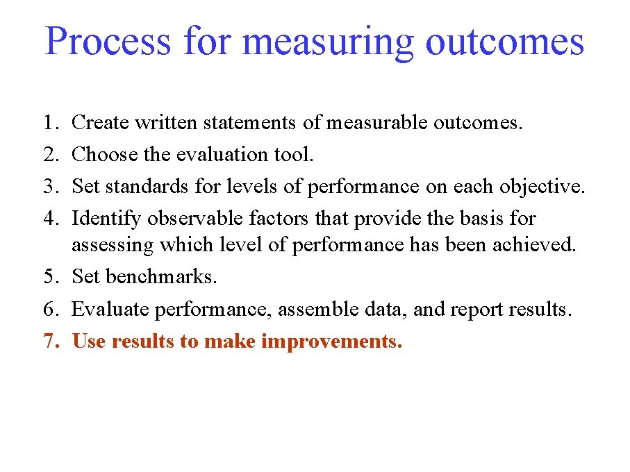 Process for measuring outcomes 1. 2. 3. 4. Create written statements of measurable outcomes.