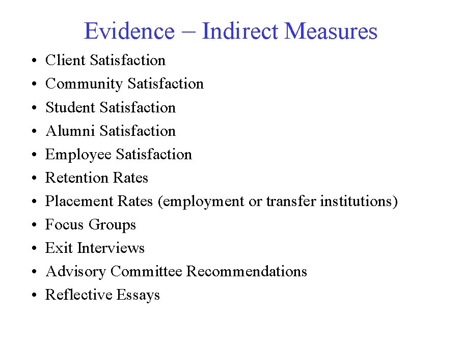 Evidence – Indirect Measures • • • Client Satisfaction Community Satisfaction Student Satisfaction Alumni