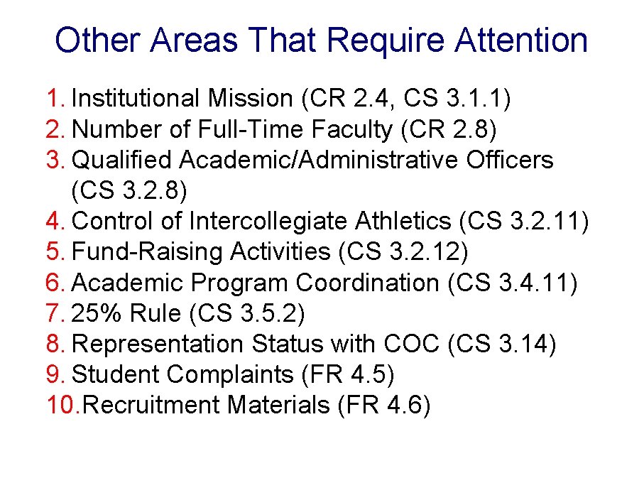 Other Areas That Require Attention 1. Institutional Mission (CR 2. 4, CS 3. 1.