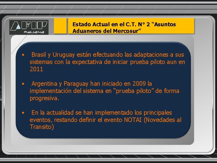 Estado Actual en el C. T. N° 2 “Asuntos Aduaneros del Mercosur” • Brasil