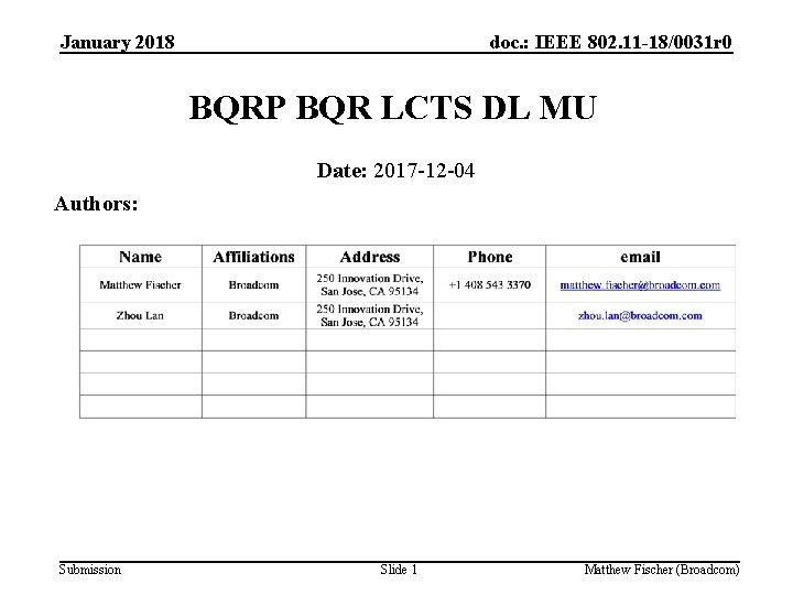 January 2018 doc. : IEEE 802. 11 -18/0031 r 0 BQRP BQR LCTS DL