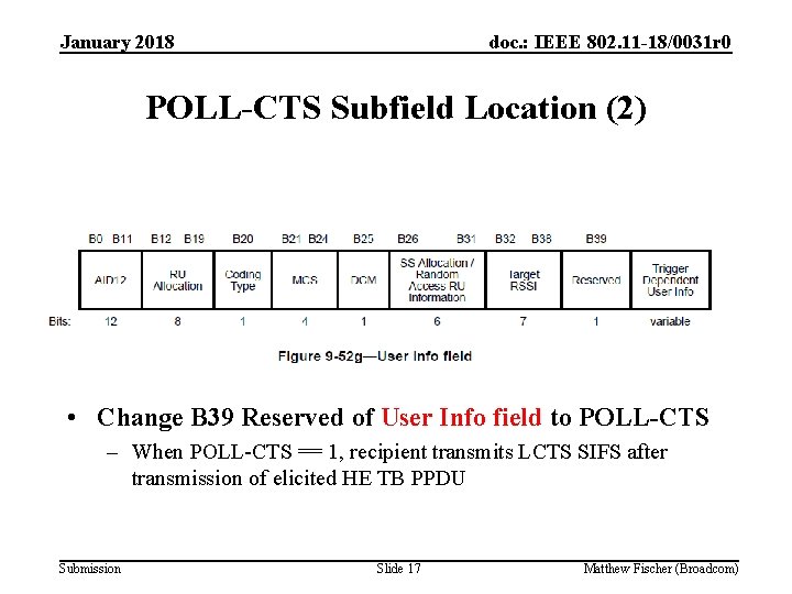 January 2018 doc. : IEEE 802. 11 -18/0031 r 0 POLL-CTS Subfield Location (2)