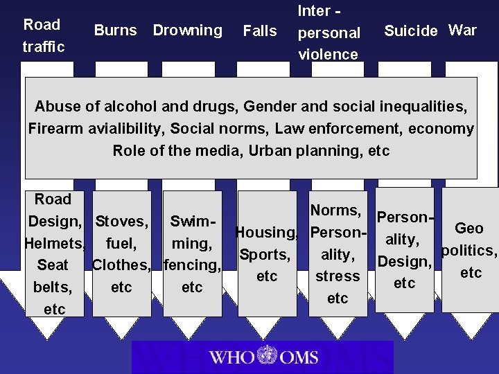 Road traffic Burns Drowning Falls Inter personal violence Suicide War Health Abuse of alcohol