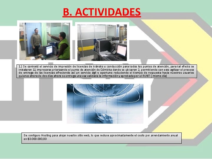 B. ACTIVIDADES 1. ) Se contrató el servicio de impresión de licencias de tránsito