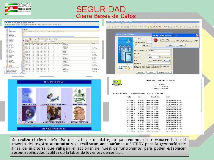 SEGURIDAD Cierre Bases de Datos Se realizó el cierre definitivo de las bases de