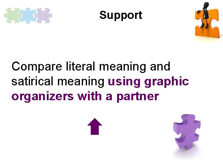 Support Compare literal meaning and satirical meaning using graphic organizers with a partner 