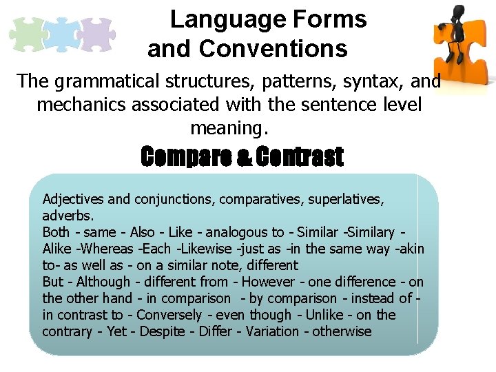 Language Forms and Conventions The grammatical structures, patterns, syntax, and mechanics associated with the