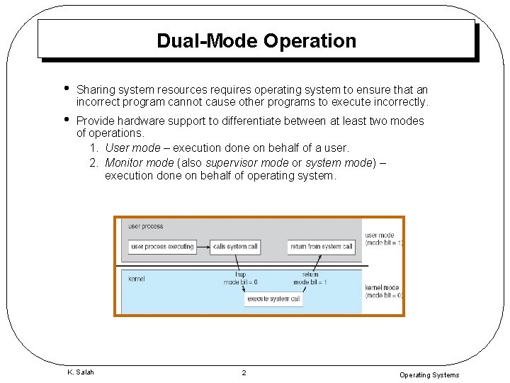 Dual-Mode Operation • Sharing system resources requires operating system to ensure that an incorrect