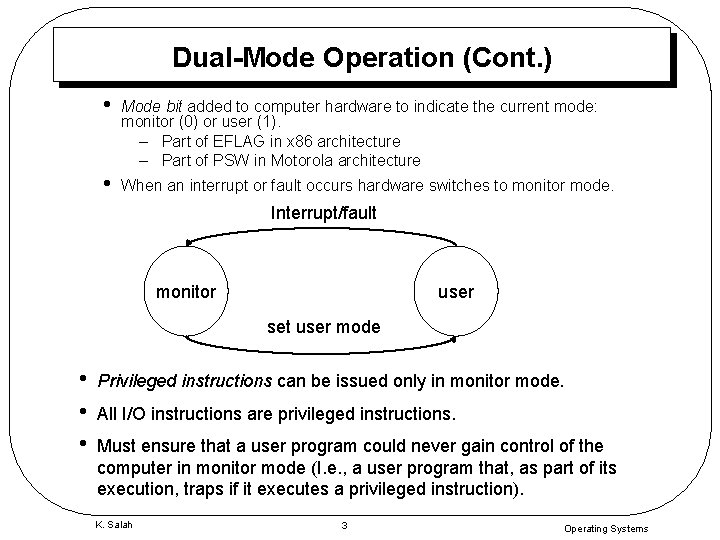 Dual-Mode Operation (Cont. ) • Mode bit added to computer hardware to indicate the