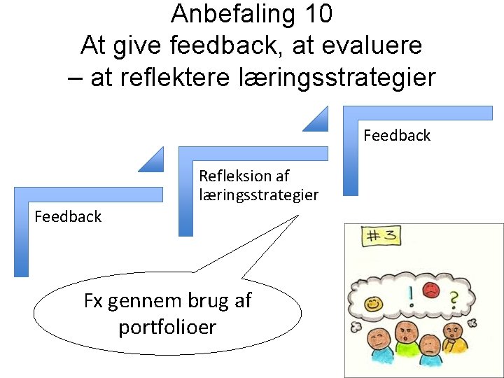 Anbefaling 10 At give feedback, at evaluere – at reflektere læringsstrategier Feedback Refleksion af