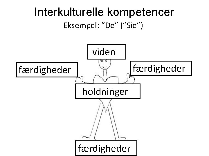 Interkulturelle kompetencer Eksempel: ”De” (”Sie”) viden færdigheder holdninger færdigheder 