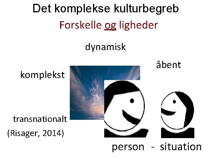 Det komplekse kulturbegreb Forskelle og ligheder dynamisk komplekst åbent transnationalt (Risager, 2014) person -