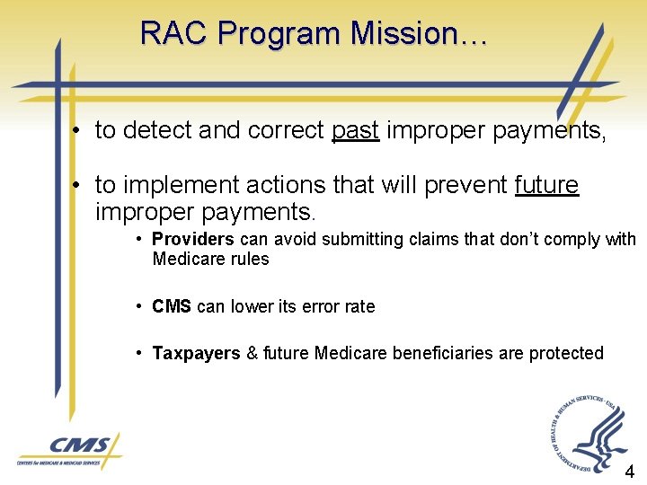 RAC Program Mission… • to detect and correct past improper payments, • to implement